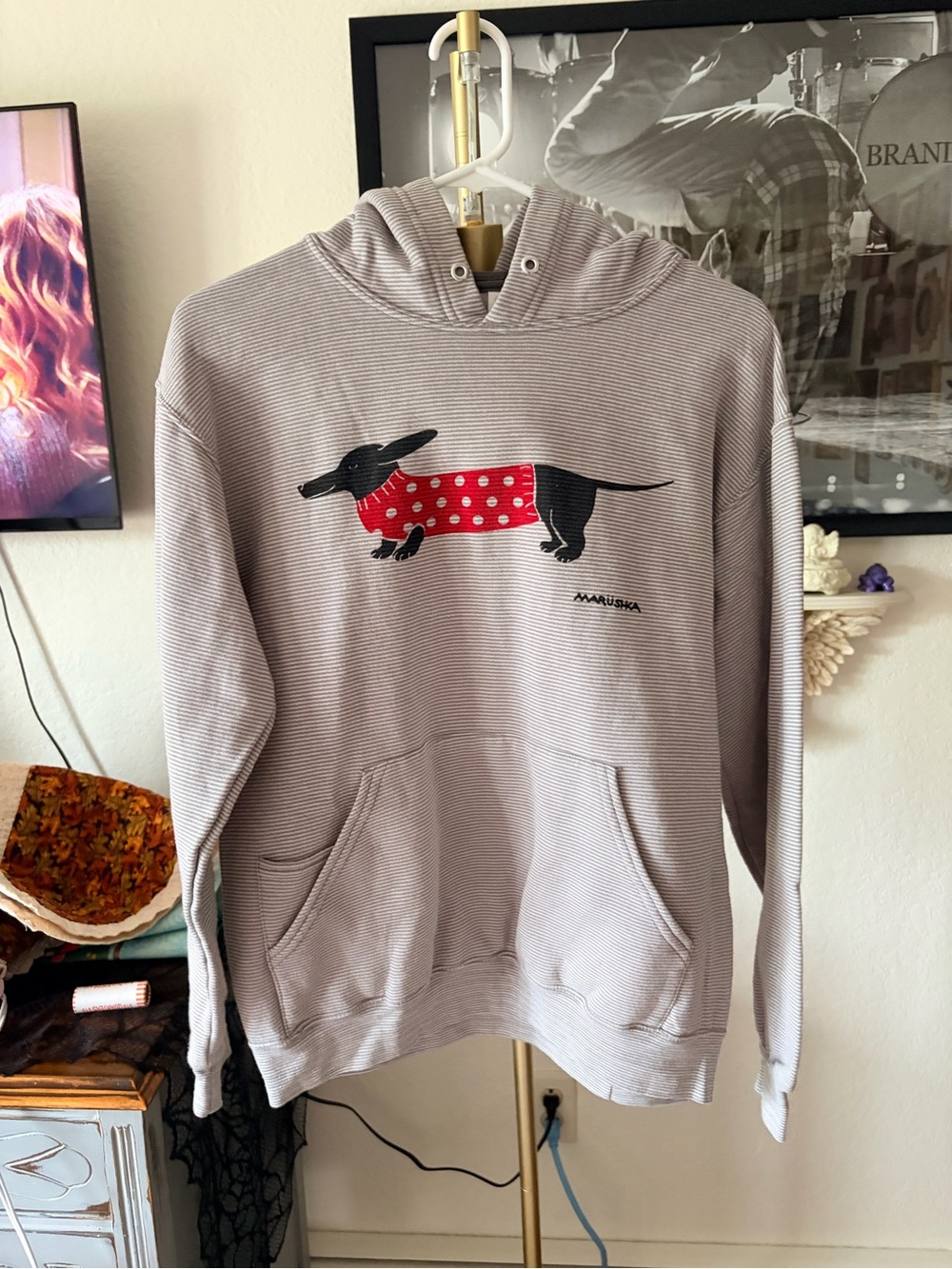 Marushka Gray Striped Hoodie with Dachshund Graphic size small